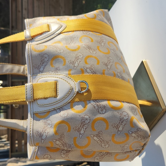 Celine Coated Canvas Handbag w/ C Logo, Horse & Carriage - Yellow, Cream & White - Picture 4 of 17